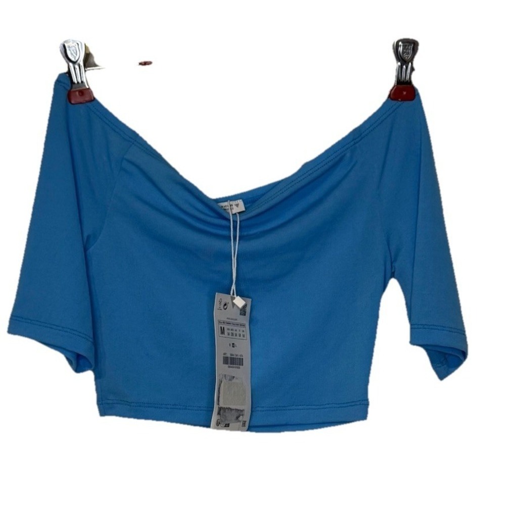 Zara Women Top Cropped Short Sleeve Off‎ Shoulder Stretch Blue Size Medium NWT
